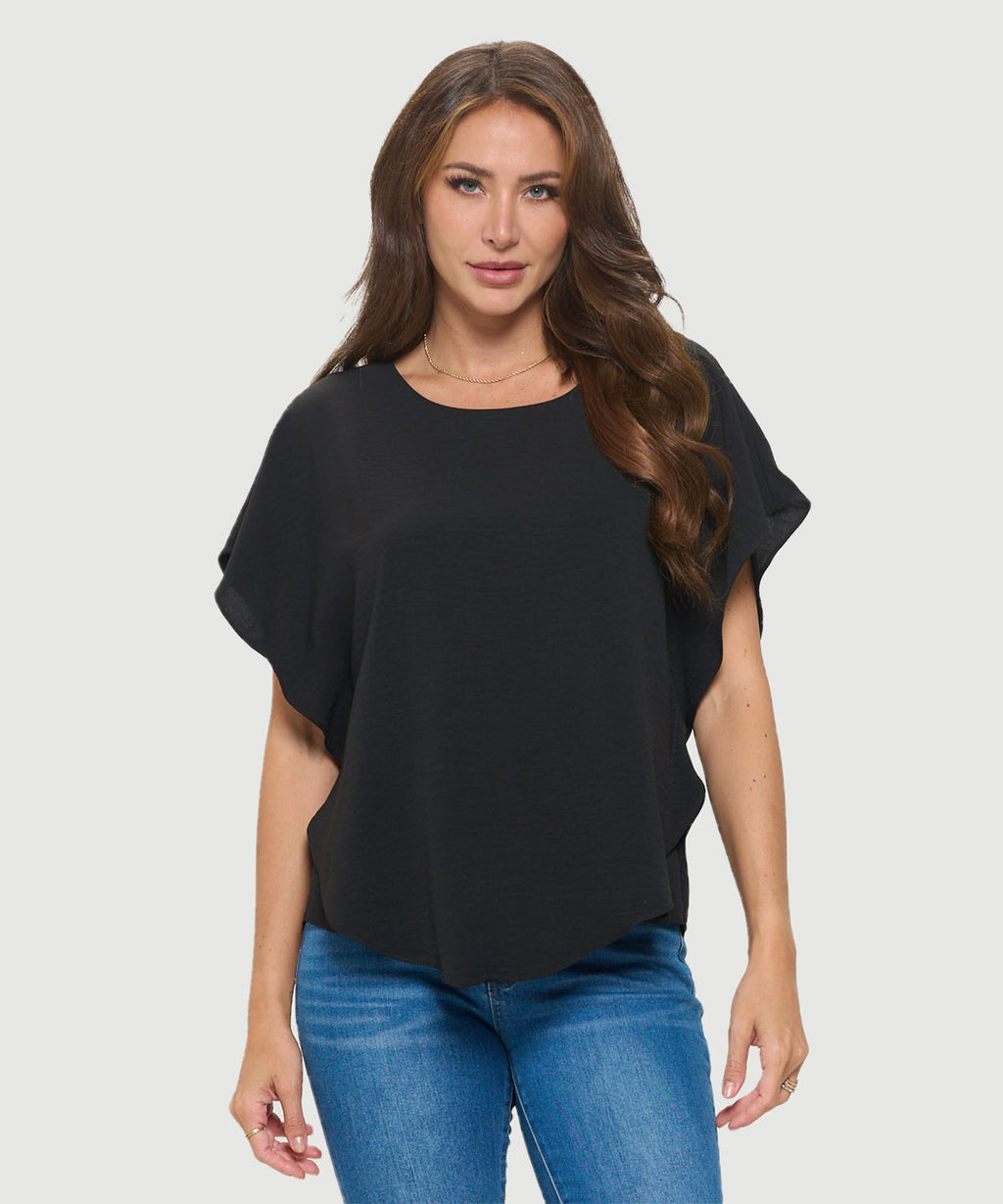 Last Tango Flowy Batwing Sleeve Airflow Top With Overlay Black