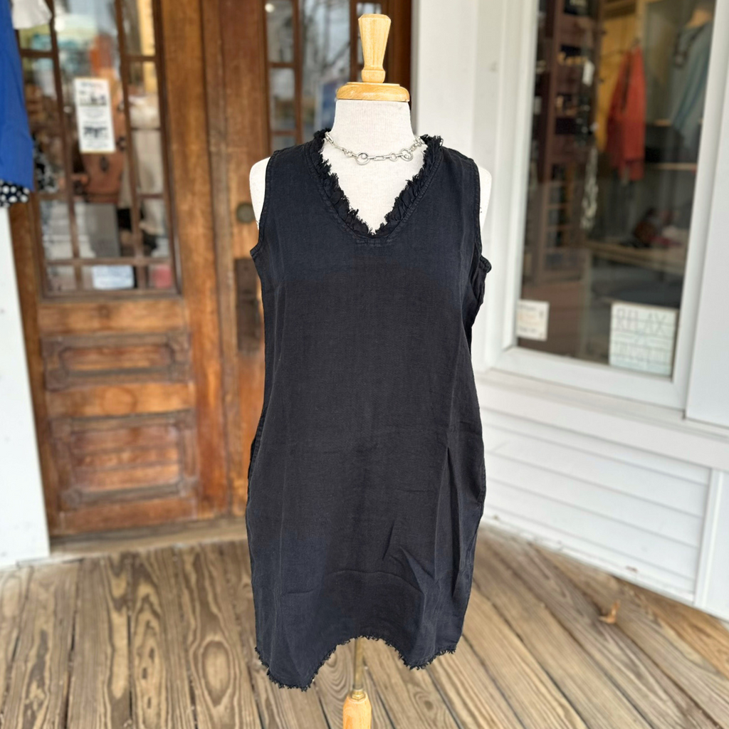 Lulu-B Linen Frayed Dress Black
