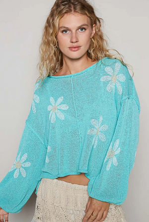 POL Clothing Daisy Balloon Sleeve Sweater styled with denim jeans
