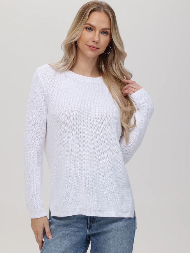 Emma Shaker Crewneck front view on model in Bleach White