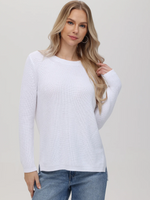 Emma Shaker Crewneck front view on model in Bleach White