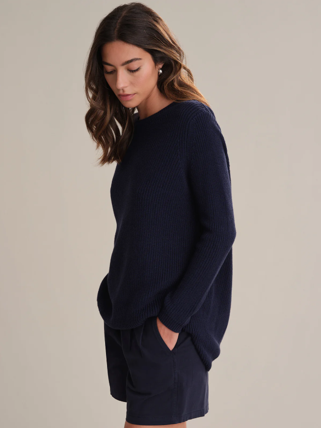 Side view of relaxed fit crewneck in Dark Blue