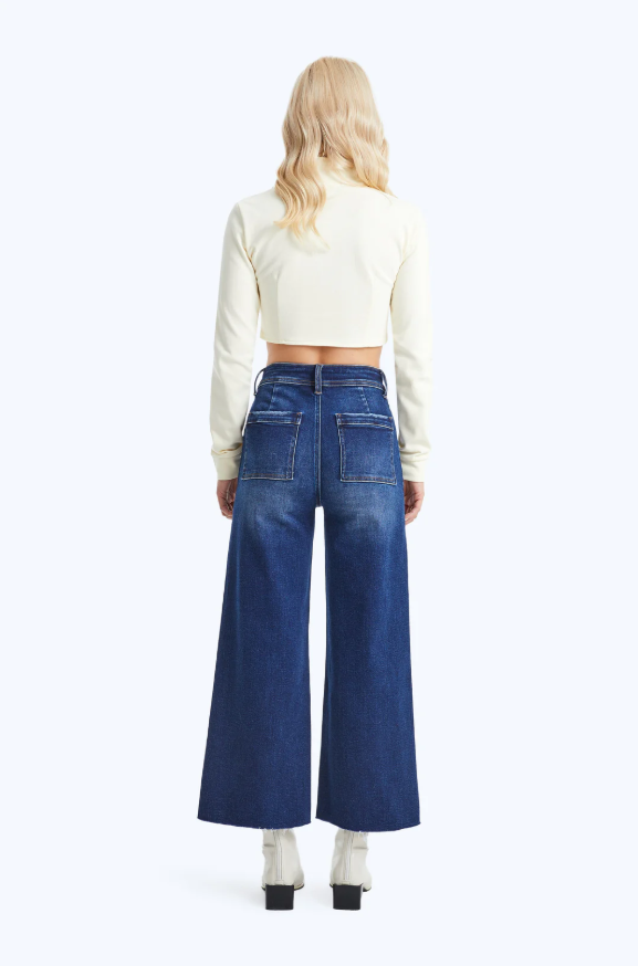 High Rise Wide Leg Denim Jeans With Raw Hem