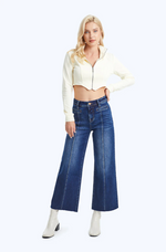 High Rise Wide Leg Denim Jeans With Raw Hem