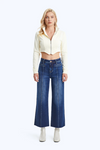 High Rise Wide Leg Denim Jeans With Raw Hem