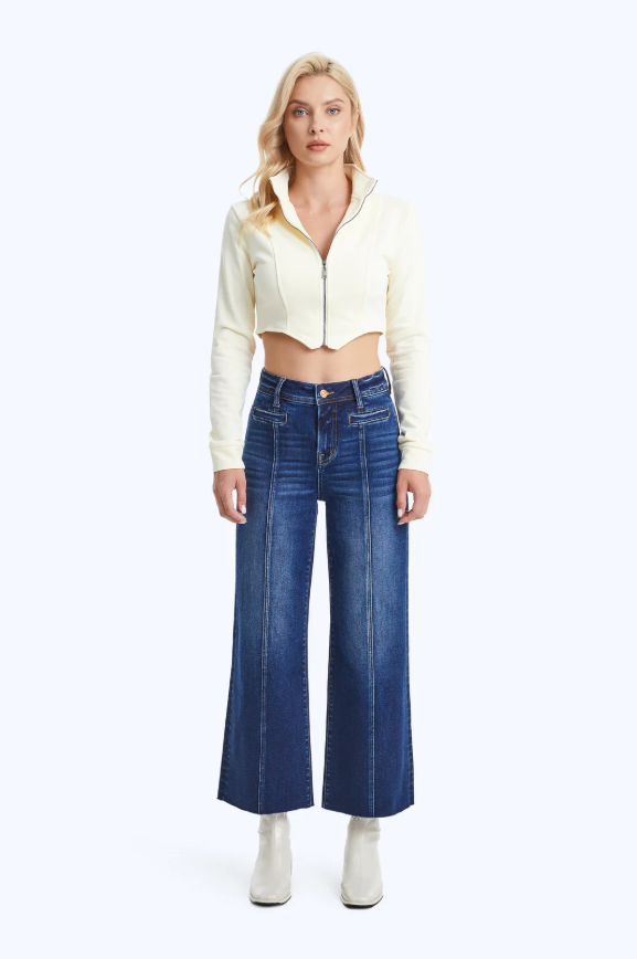 High Rise Wide Leg Denim Jeans With Raw Hem