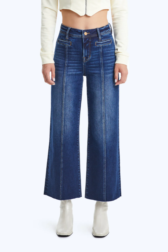 High Rise Wide Leg Denim Jeans With Raw Hem