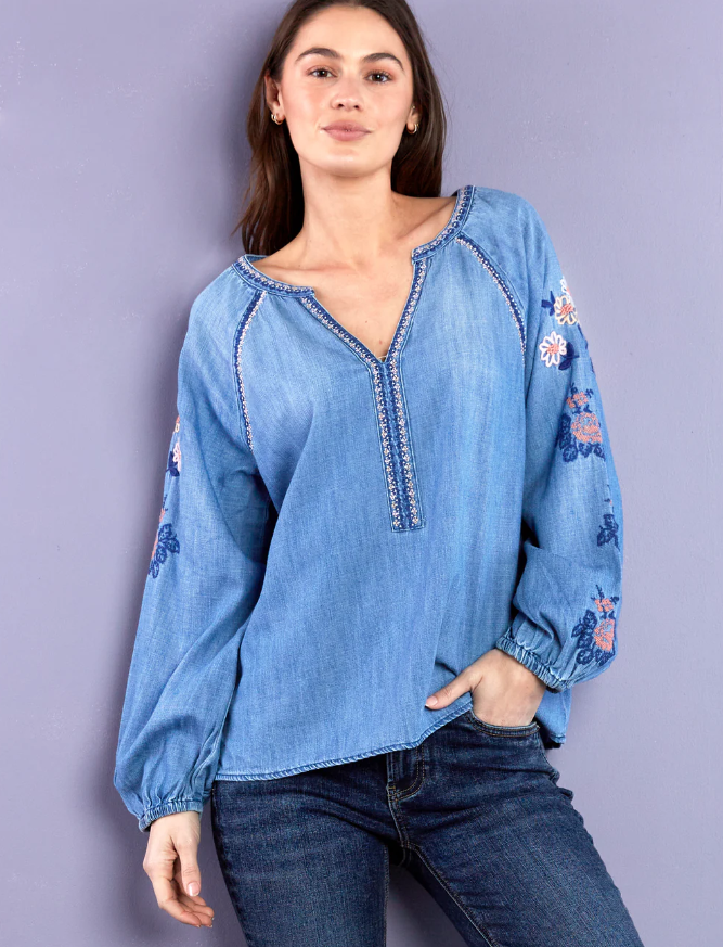Billy T Cleo Embroidered Top Denim