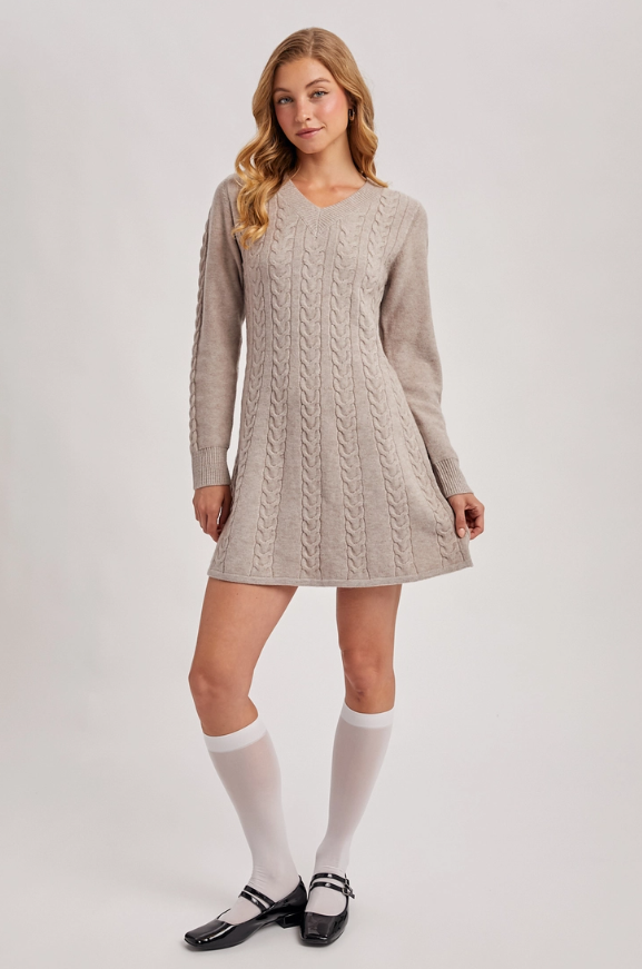 Cable knit V-neck sweater mini dress in a fit-and-flare silhouette