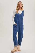 Lightweight sleeveless denim jumpsuit perfect for casual everyday wear