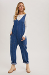 Casual 100% cotton jumpsuit in denim blue with ankle-length harem pants