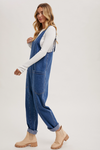 Casual 100% cotton jumpsuit in denim blue with ankle-length harem pants
