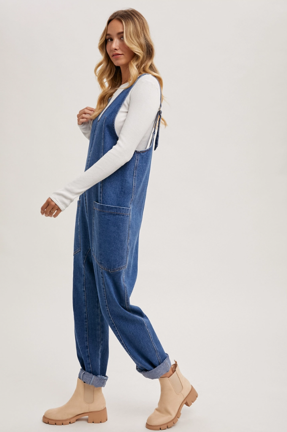 Casual 100% cotton jumpsuit in denim blue with ankle-length harem pants
