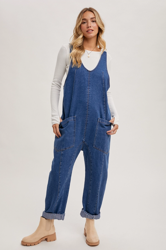 Sleeveless denim jumpsuit with harem legs in relaxed fit
