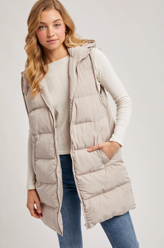 Hooded Zipper Down Longline Puffer Vest