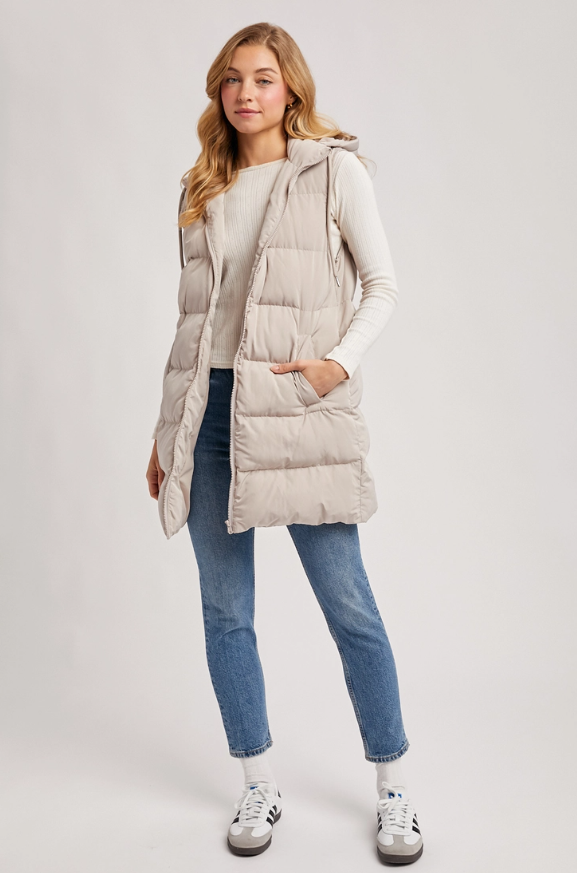 Hooded Zipper Down Longline Puffer Vest