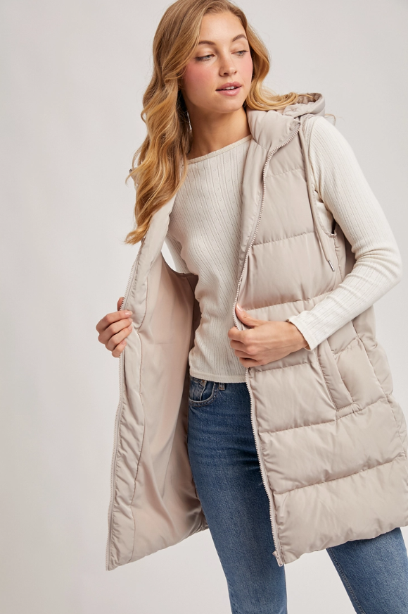 Hooded Zipper Down Longline Puffer Vest