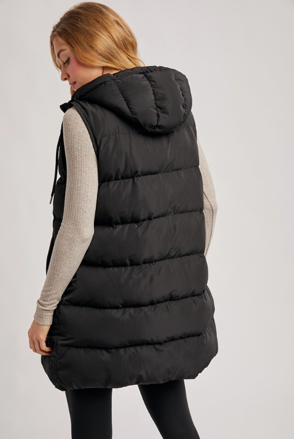 Hooded Zipper Down Longline Puffer Vest