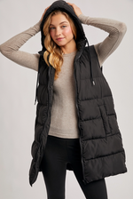Hooded Zipper Down Longline Puffer Vest