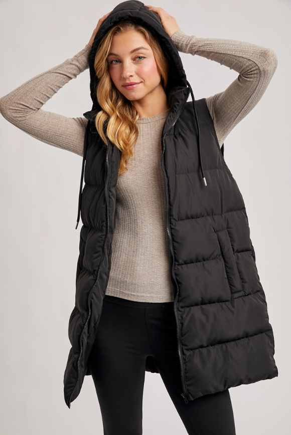 Hooded Zipper Down Longline Puffer Vest