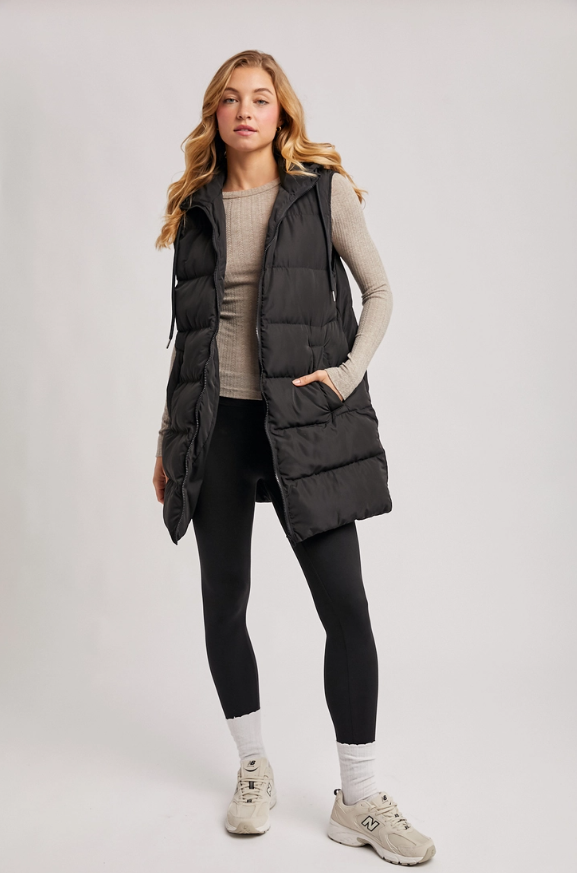 Hooded Zipper Down Longline Puffer Vest