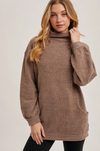 Long sleeve mock neck ribbed knit tunic sweater in neutral tone