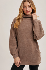 Long sleeve mock neck ribbed knit tunic sweater in neutral tone