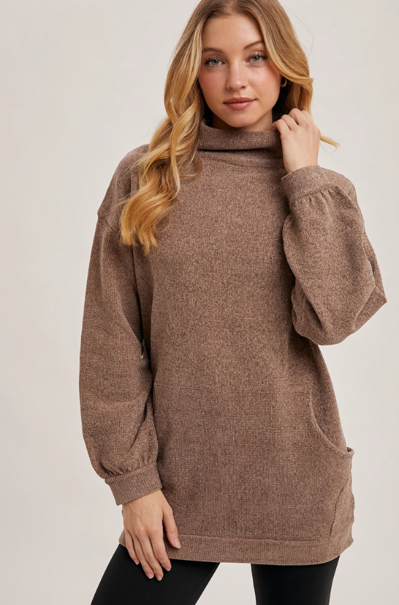 Long sleeve mock neck ribbed knit tunic sweater in neutral tone