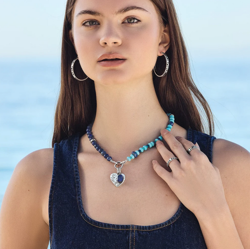 Lapis and turquoise beaded necklace with Brighton token charm