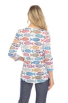 Round-neck top with 3/4 sleeves, contrast stitching, and a curved hem for a flattering fit. Made from lightweight burnout crinkle fabric, perfect for travel. In Pattern Fish.