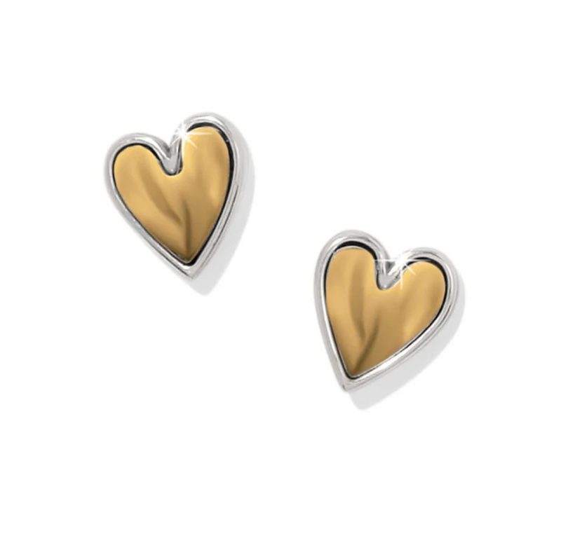 Two-tone silver and gold heart earrings inspired by modern metal sculptures