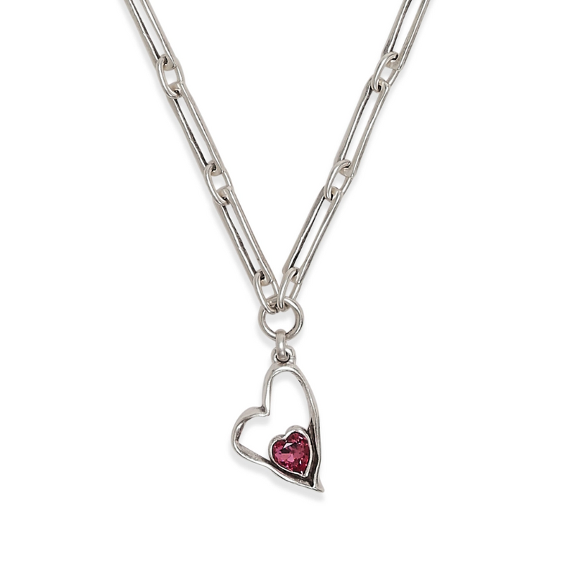 Boho-inspired heart necklace with large silver chain links