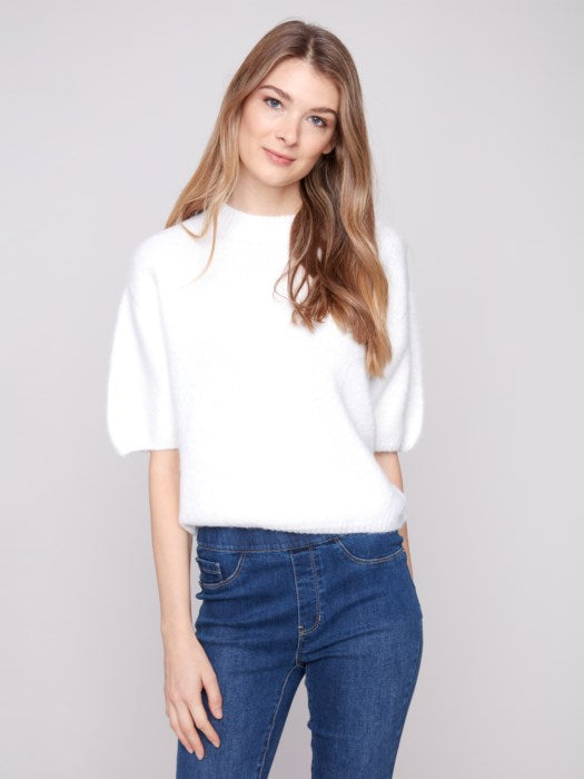 Front view of fuzzy elbow sleeve sweater in relaxed silhouette