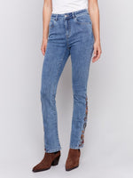 Charlie B Bootcut Jeans with Floral Embroidery Medium Blue