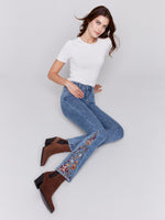 Charlie B Bootcut Jeans with Floral Embroidery Medium Blue