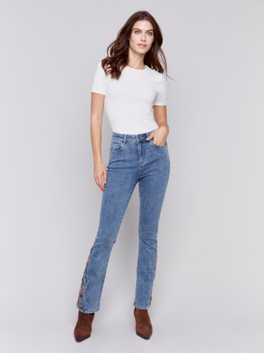 Charlie B Bootcut Jeans with Floral Embroidery Medium Blue