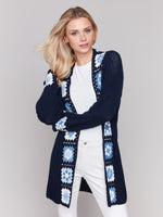 Charlie B Cotton Crochet Border Cardigan Navy