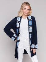 Charlie B Cotton Crochet Border Cardigan Navy