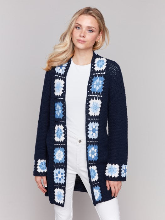 Charlie B Cotton Crochet Border Cardigan Navy