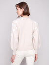 Back view of 23" length soft knit crew sweater