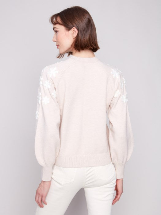 Back view of 23" length soft knit crew sweater