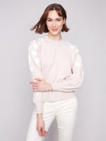 Puff sleeve embroidered sweater in soft fall knit