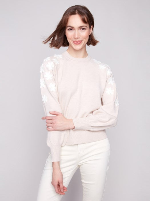 Puff sleeve embroidered sweater in soft fall knit
