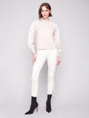 Charlie B crew neck sweater with floral embroidery at shoulders
