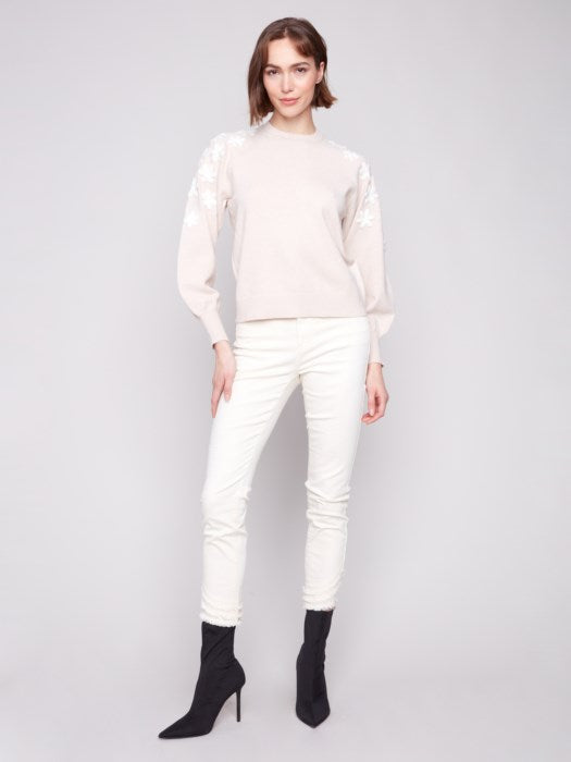 Charlie B crew neck sweater with floral embroidery at shoulders