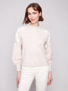 Charlie B crew neck sweater with floral embroidery at shoulders