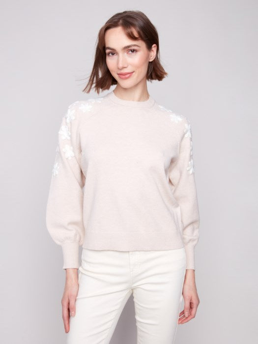 Charlie B crew neck sweater with floral embroidery at shoulders