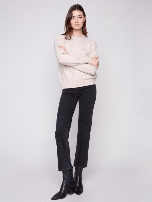 Crew Neck Sweater with Tonal Embroidery