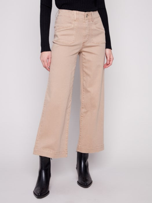 Cropped wide leg sesame twill pants with patch pockets