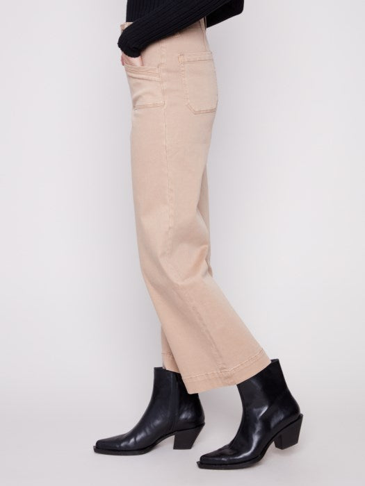Side view of wide leg cropped twill pants in sesame